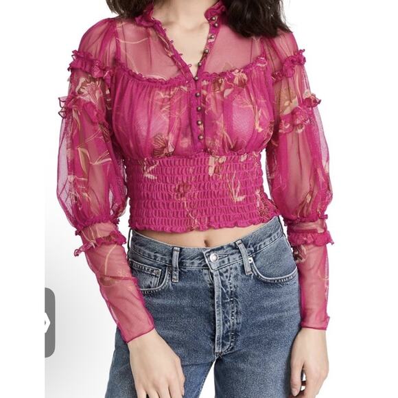 Free People Time For Shine Mesh Cropped Smocked Pink Purple Floral Blouse Top L - Picture 5 of 11